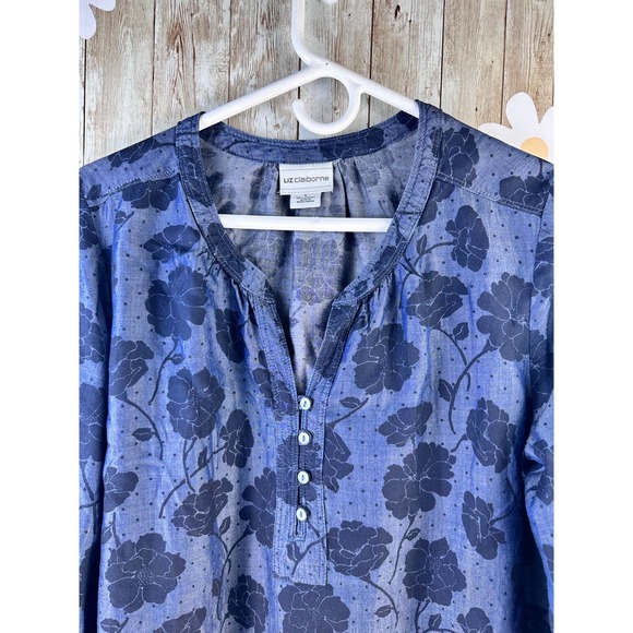 Liz Claiborne Womens Top Sz L Blue Floral Pin Dots Long Sleeves Tie Cuffs V Neck - Picture 3 of 8